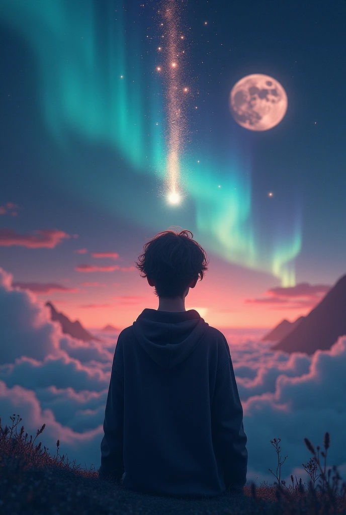 A person, from back view,surrounded by the universe, twilight, sparks, stars, moon,aurora borealis effect, 4k visual effect, inquiring, about himself, grace , silent, interrogation point, shine spark on his head, visual effect 3d