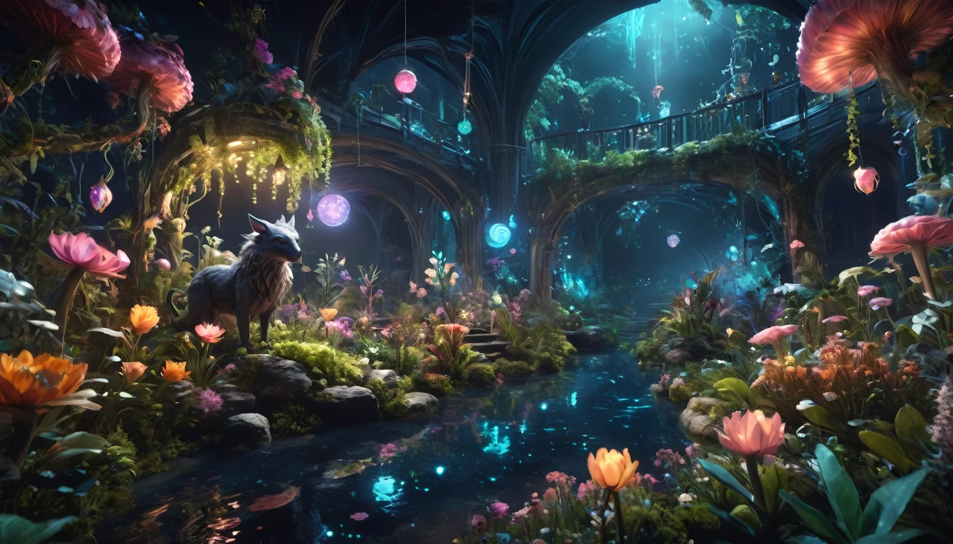 Midnight whimsical landscape with magical creatures, flowers and plants, Fantasy, Cinema Lighting, Philip Hood, Wide-angle, Volumetric Light Scattering, 8k, Art Station, Concept Art