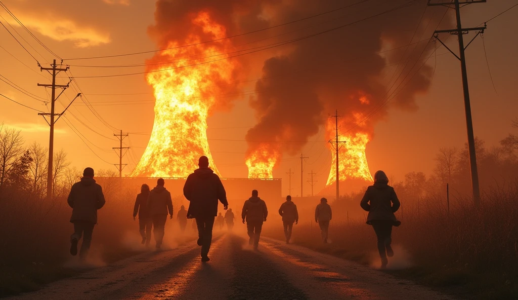 nuclear power plant burning, 10 people running away