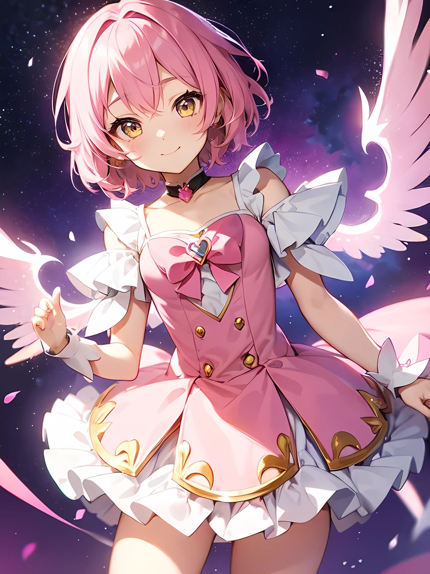 Pink Hair、short hair、Yellow Eyes、Magical Girl Clothes:1.2、Pink Skirt、Cute smile、Mouth closed、Anime Style:1.1、Small heart mark、A background like the night sky