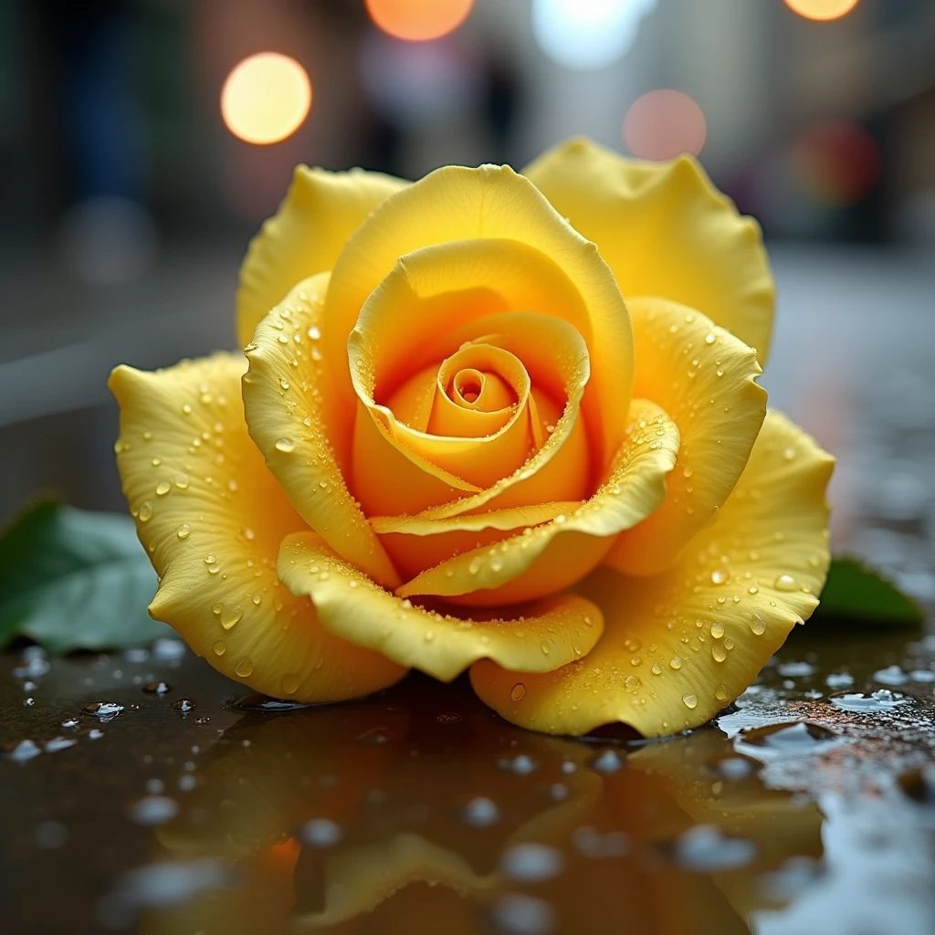 A bright yellow beautiful rose lies on the street., all in drops of water, 8k, hdr