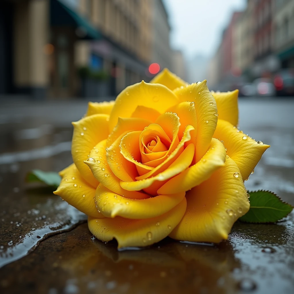 A bright yellow beautiful rose lies on the street., all in drops of water, 8k, hdr