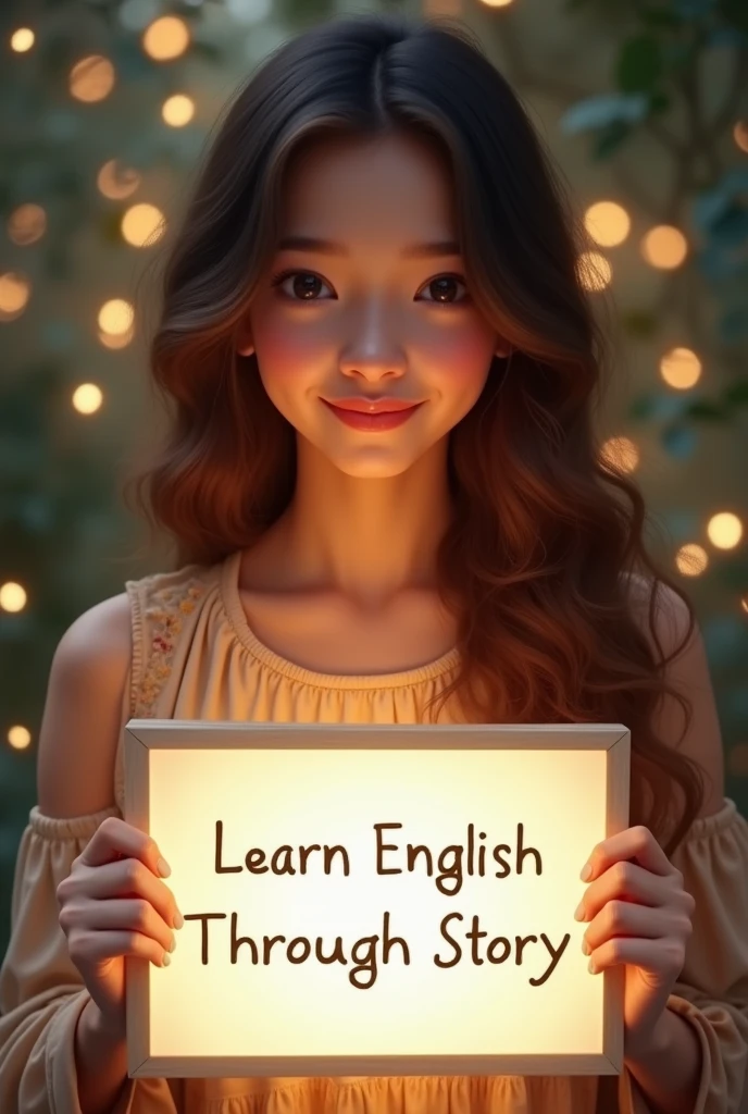 Beautiful girl with heart-warming smile and wavy long hair, bohemian dress, holding a white board with text "learn English Through Story" and showing it to the viewer, the board is glowing with a the text.