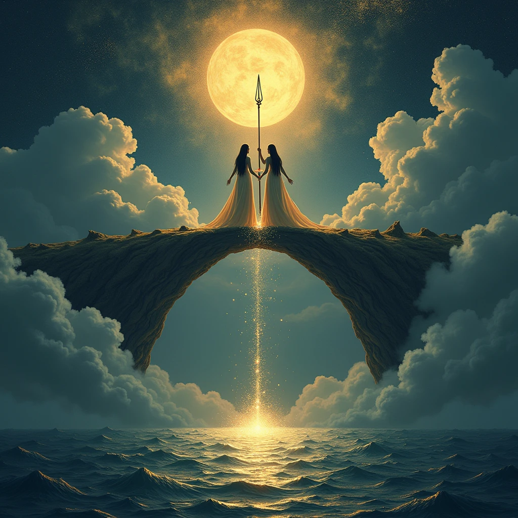 Prompt:
Izanagi and Izanami stand on a celestial bridge woven from stardust and glowing clouds, casting a gentle luminescence over the dark, roiling sea below. Izanagi raises the heavenly jeweled spear high, its jewels gleaming against the murky waters. As the spear touches the sea, golden droplets fall, creating ripples that form the island of Onogoro. This scene captures the serene transformation from chaos to the nascent land.