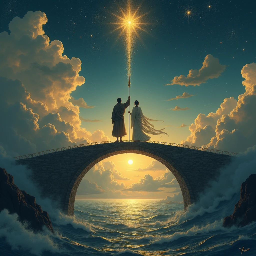 Prompt:
Izanagi and Izanami stand on a celestial bridge woven from stardust and glowing clouds, casting a gentle luminescence over the dark, roiling sea below. Izanagi raises the heavenly jeweled spear high, its jewels gleaming against the murky waters. As the spear touches the sea, golden droplets fall, creating ripples that form the island of Onogoro. This scene captures the serene transformation from chaos to the nascent land.