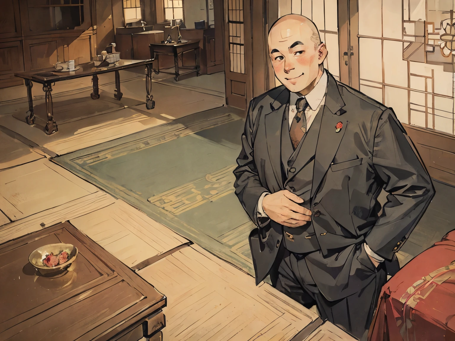 1 older man, Korean, suit, fat, thin hair, bald, gentle smile, narrow eyes, round face, smile, inside the room, inside the palace, top quality, masterpiece
