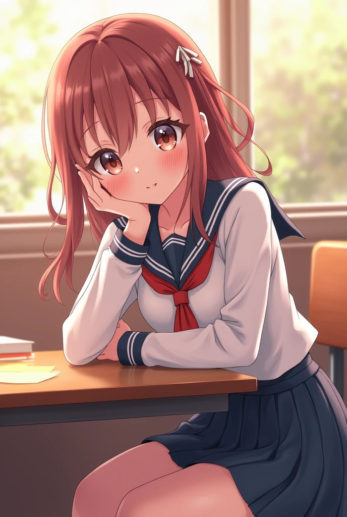 An anime-style female student character sitting next to me or sharing the same desk, looking at me with her hand touching her cheek, and smiling sweetly and cutely."
This description can be used as a prompt for creating a clear 4K quality AI-generated image.