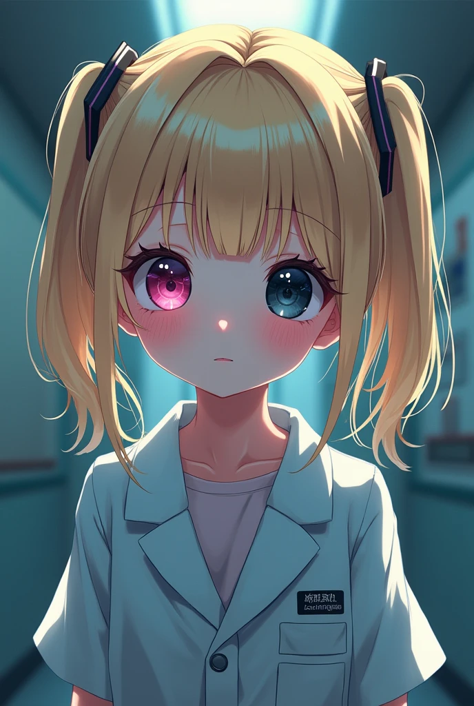 blonde hair with pigtails, black bangs, big cute anime eyes, one pink other black, mental hospital out fit