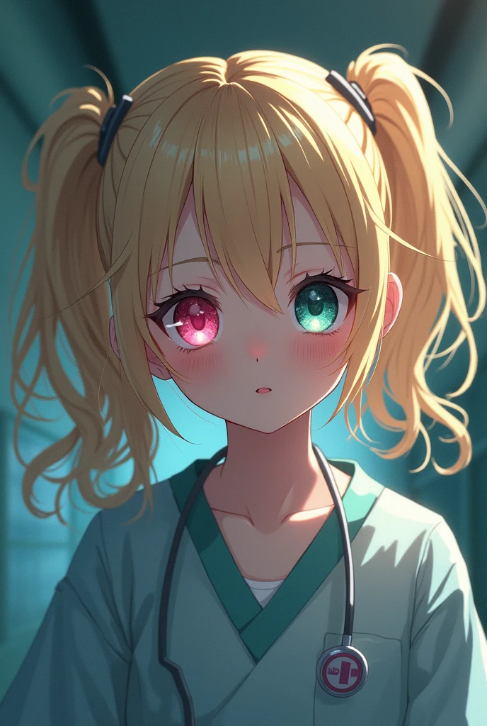 blonde hair with pigtails, black bangs, big cute anime eyes, one pink other black, mental hospital out fit