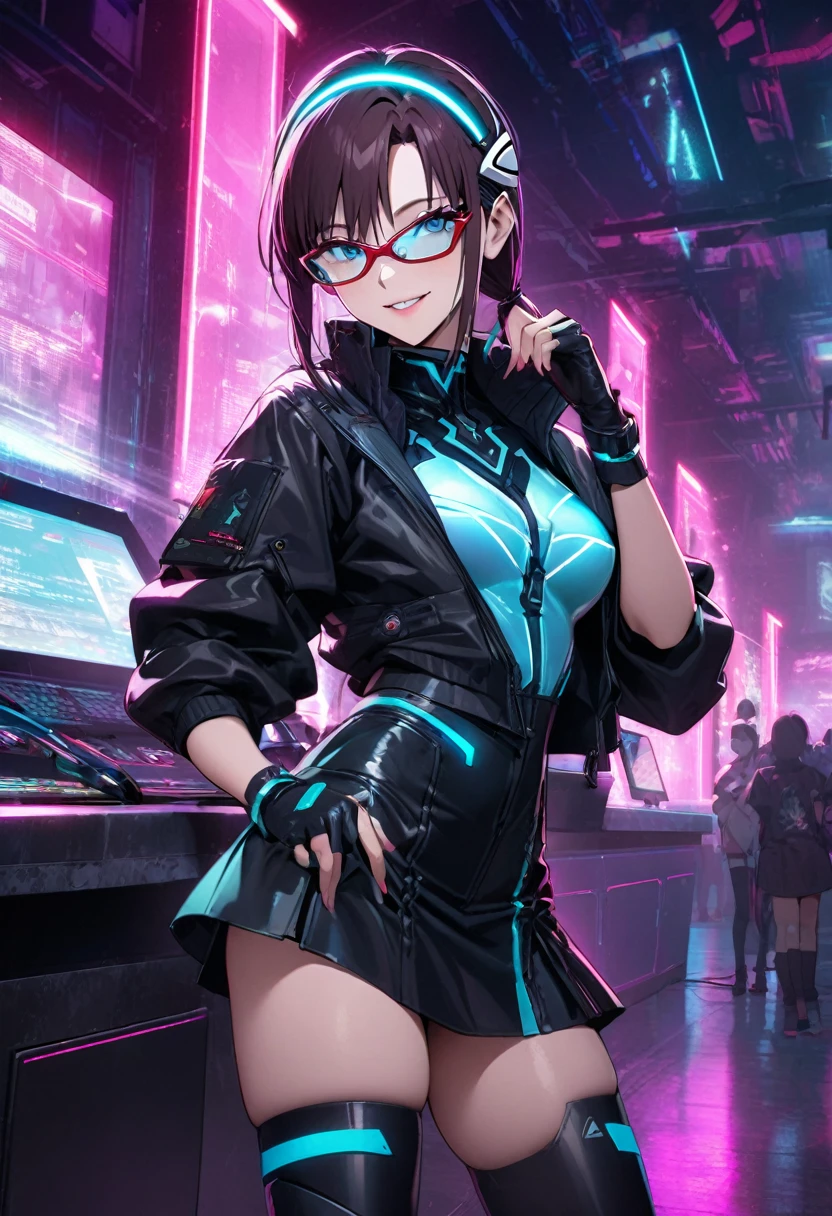 1girl, makinami mari illustrious,glasses, neon genesis evangelion, cyberpunk fashion, futuristic outfit, young adult woman, high-tech photoshoot, neon lighting, dystopian urban background, masterpiece, best quality, absurdres,detailed beautiful face,cowboy shot,
Outfit details:
Holographic bodysuit with circuit board patterns
Asymmetrical black mini-skirt with LED light trim
Clear PVC jacket with embedded flexible OLED displays
Accessories:
Metallic arm bands with touch-sensitive controls
Thigh-high boots with built-in holographic displays
Fingerless gloves with exposed circuitry
Multiple ear cuffs with blinking LED lights
Makeup:
Metallic eyeshadow in silver and electric blue
Holographic lip gloss
Small LED lights applied as face accessories
Background: Modern nightclub interior, pulsating dance floor with interactive light patterns, holographic DJ booth, laser light show, fog machines creating atmospheric haze
Pose: Leaning against a sleek bar counter, one hand holding a glowing neon cocktail, other hand adjusting glasses, confident and relaxed smile
Additional elements: Diverse crowd of clubgoers with various cyberpunk fashion elements, floating AR screens showing music videos and drink specials, bartenders using holographic interfaces to mix drinks, small drones carrying drinks to VIP areas
Lighting: Dynamic neon lighting, strobing effects, light trails from glow sticks and LED accessories
Atmosphere: Energetic and futuristic, blend of physical and digital elements, sense of excitement and cutting-edge technology