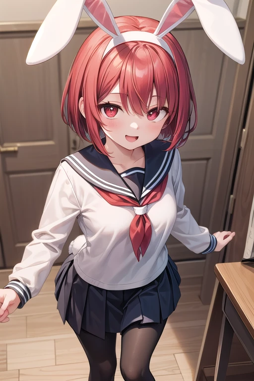 Solo Girl,20-year-old, From above,short hair,View your viewers, Red hair, Red eyes, Close one eye,Mid-chest,Bunny ears,head band,Happy,Pleated skirt,Sailor suit,Long sleeve,Black leggings,indoor,School,Highest quality, High resolution, Very detailed, Detailed Background, Perfect lighting