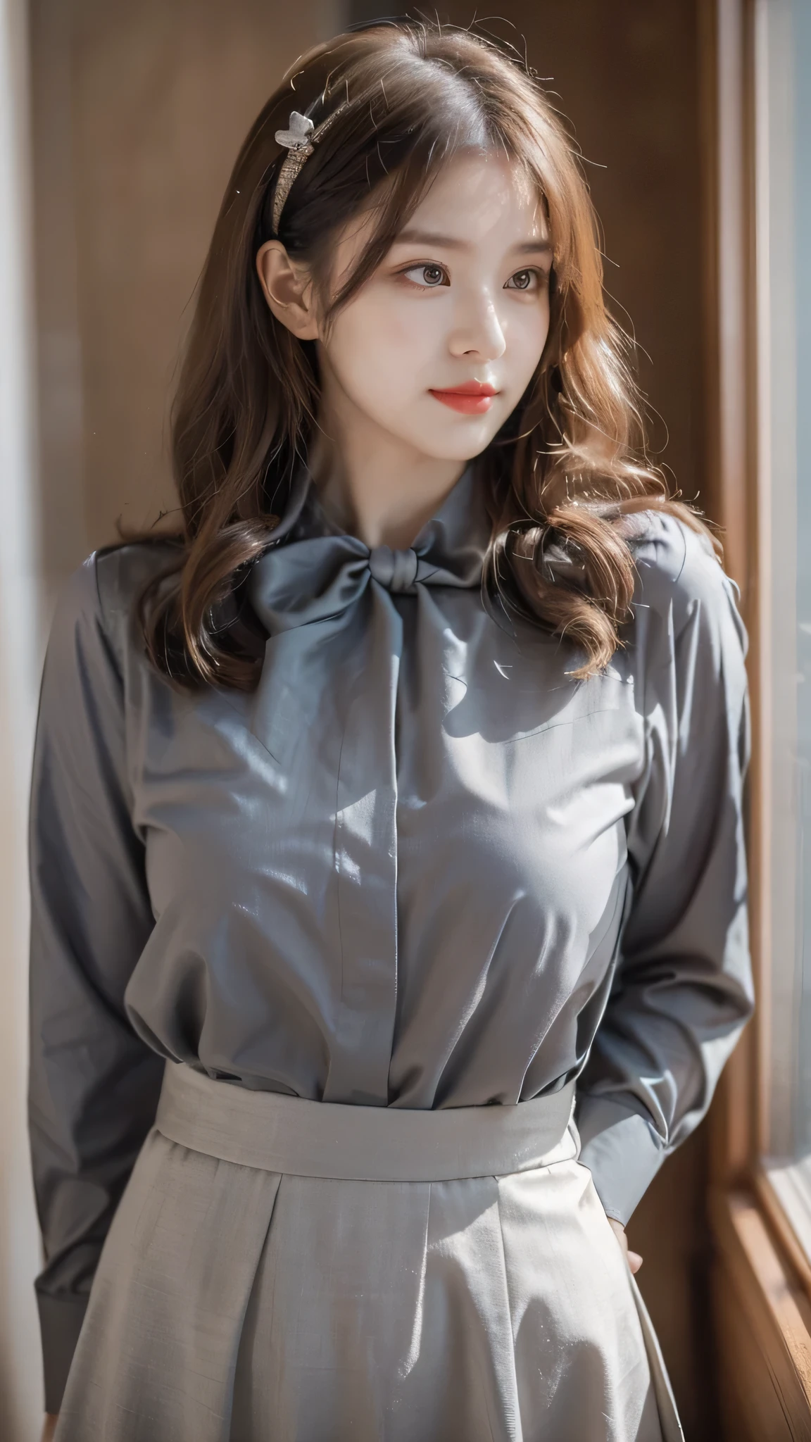 detailed background, masterpiece, best quality, 1 person , curly hair, long hair, purple eyes, star in eye , grey  blouse, long  skirt, grey , grey blouse , beautiful bow, detailed bow, indoor , hair accessories, jewelry, red lips