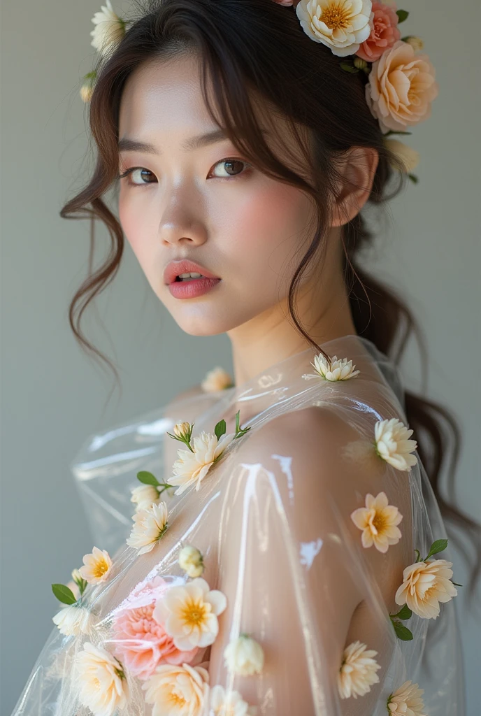 Professional model fair skin posing in a fashion photoshoot、This is a super realistic photo. She is completely wrapped in a transparent film, Under the film there are many flowers covering the skin. The shot is a mid-body shot.