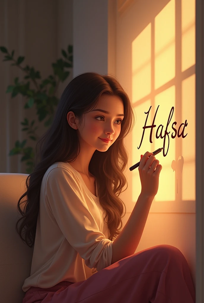 A beautiful girl sitting at home smiling and writing (Hafsa) on a wall is clearly visible.
