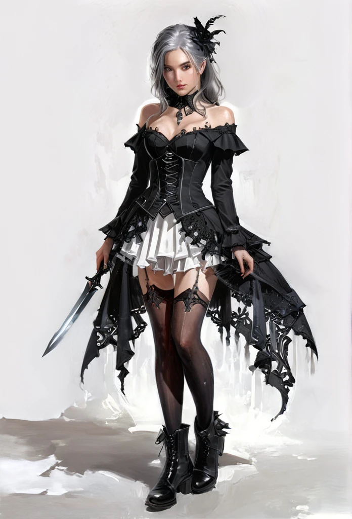  ((best quality)), ((masterpiece)), (detailed), 1girl, off-shoulder, Character design, female, dynamic poses, long white grey hair, grey white eyes, very skinny, detailed, best quality, no accesoires around the neck, no shoes, prominent collarbones, skinny arms, flat stomach, visible hip bones, full body, blank white background, plain background, white background, red and white clothing, Bloodborne inspired, occult aesthetic, occult, detailed and intricate steampunk and detailed gothic, NSFW, Very dramatic and cinematic lighting, cosmic horror, grim-dark, side-lighting, perfect face, NSFW, Fluttering lace flared long knee length dress with frilly petticoats, knee length dress, pleated petticoats, petticoats gothic, complex lace boots, side-lighting, gothic lolita aesthetic, wielding a mighty sword with mechanical components, mandalas, small breasts, a fairy, various different types of insect wings, NSFW, full body, whole body, body, plain background, white background, blank background, no background, white background NSFW, chains, full body, whole body, head-to-toe NSFW, oil painting 