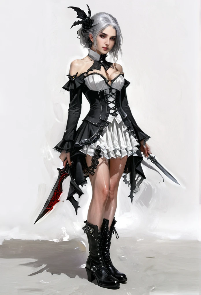  ((best quality)), ((masterpiece)), (detailed), 1girl, off-shoulder, Character design, female, dynamic poses, long white grey hair, grey white eyes, very skinny, detailed, best quality, no accesoires around the neck, no shoes, prominent collarbones, skinny arms, flat stomach, visible hip bones, full body, blank white background, plain background, white background, red and white clothing, Bloodborne inspired, occult aesthetic, occult, detailed and intricate steampunk and detailed gothic, NSFW, Very dramatic and cinematic lighting, cosmic horror, grim-dark, side-lighting, perfect face, NSFW, Fluttering lace flared long knee length dress with frilly petticoats, knee length dress, pleated petticoats, petticoats gothic, complex lace boots, side-lighting, gothic ta aesthetic, wielding a mighty sword with mechanical components, mandalas, small breasts, a fairy, various different types of insect wings, NSFW, full body, whole body, body, plain background, white background, blank background, no background, white background NSFW, chains, full body, whole body, head-to-toe NSFW, oil painting 