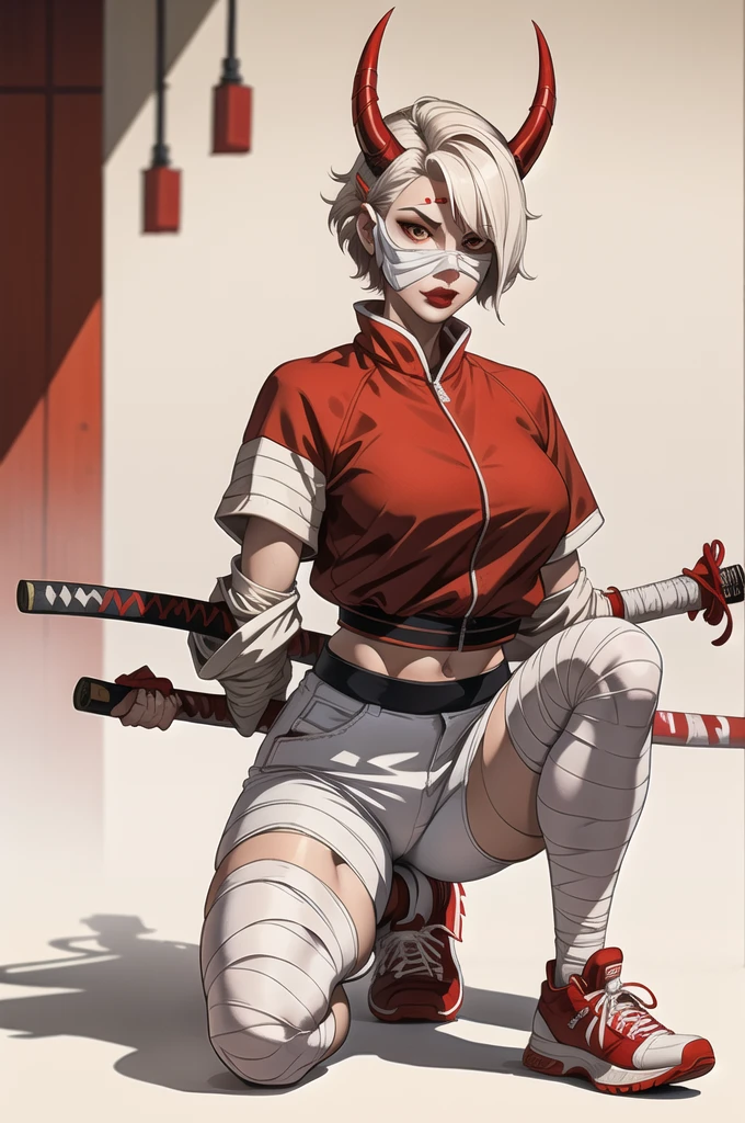 1woman: white short hair, red mask with horns, japanese short wide pants, bandages on legs, red sneakers, bandages on hands, gloves, japanese jacket, two katanas on the back, full height, bandaged torso