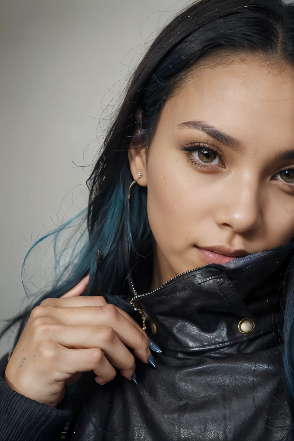 1 woman like girl next door, with blue hair, wearing a luxurious black sweater and black leather leggings, 23 years old, Mix out of 50% Rihanna and 50% Alicia Keys, 172cm height, 62kg weight, perfectly shaped natural soft curly intense blue hair, clear intense light green eyes, long dark black lashes, perfectly shaped dark black eyebrows, dark-caramel-tanned skin, slim and well-defined body, trained curvy body, elegant nose, small ears, full lips, white teeth, small soft ladylike hands, painted fingernails, perfectly styled, soft makeup, high resolution, masterpiece, best quality, intricate high detail, highly detailed, sharp focus, detailed skin, realistic skin texture, real skin texture, detailed eyes, professional, real life, ultra-realistic, photorealism, photography, realistic photography, UHD, Foto RAW