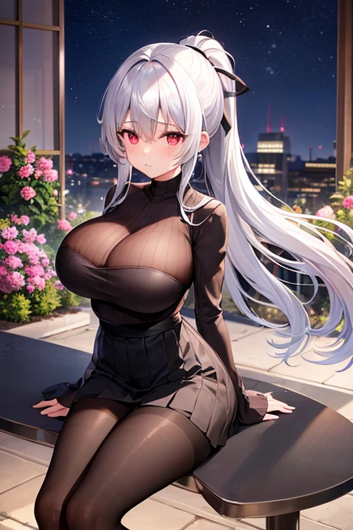 Big Breasts、French Ponytail、Silver Hair、night、Black vertical knit、Black pleated skirt、Black Pantyhose、Red Eye、Long, slender legs、Emphasize the chest、garden、outside、High resolution、masterpiece、Highest quality、High-resolution model