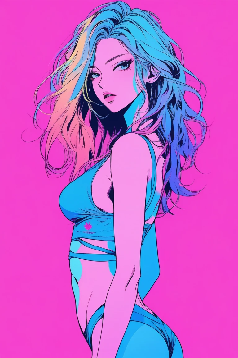 Illustrator, anime , Realistic ,sketch , 1 person, Supermodel, lip, A revealing bikini, order, Blue gradient background, Neon messy medium length hair, Are standing, y pose, Texture Trim, Canadian, (masterpiece,Highest quality) Cancer
