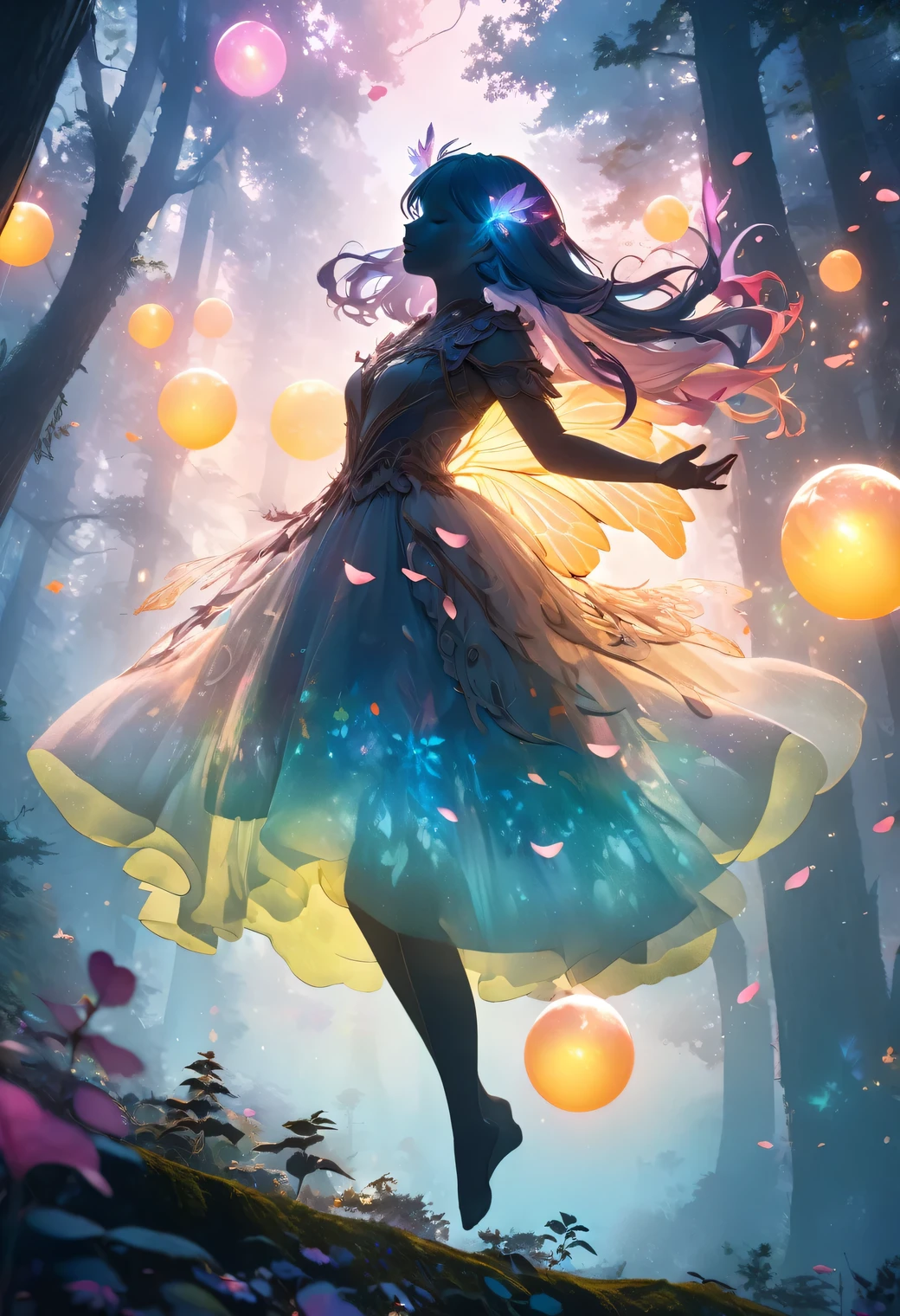 a mysterious forest shrouded in mist, (double exposure silhouette: 1.2), a forest fairy gracefully floating and drifting, detailed fantasy character, floating petals, glowing orbs, magical atmosphere, ethereal lighting, vibrant colors, cinematic composition, dreamlike, intricate details, high resolution, 8k, photorealistic