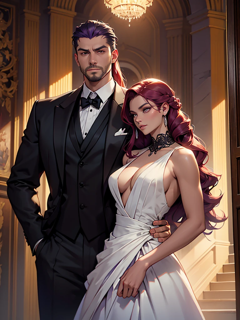 a man and a woman standing in a luxurious hall, the woman wearing an elegant ballgown dress with long purple hair styled beautifully flowing down her shoulders and waist, the man in a tuxedo with slicked back red hair, formal mafia party scene, the woman standing next to the man as he protects her, detailed face and eyes, photorealistic, cinematic lighting, dramatic atmosphere, vibrant colors, intricate details, high fashion, chiaroscuro lighting, moody, elegant, sophisticated, cinematic composition, award-winning photography, masterpiece, best quality, 8k, hyperrealistic, photorealism, physically-based rendering, extremely detailed, studio lighting. A girl stands next to a guy. He puts his arm around her waist, his face is gloomy. There are many people around