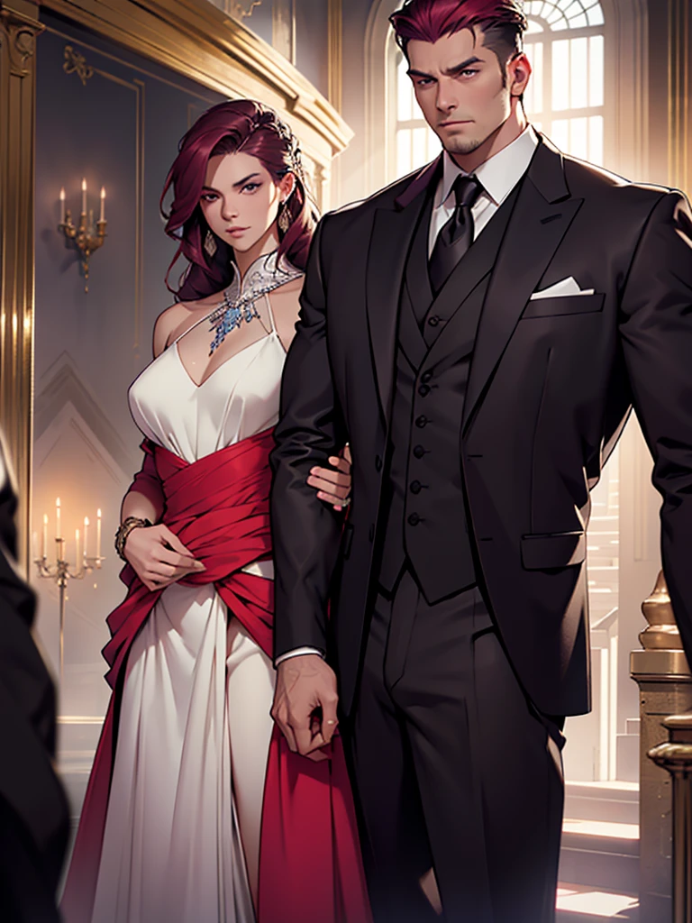 a man and a woman standing in a luxurious hall, the woman wearing an elegant ballgown dress with long purple hair styled beautifully flowing down her shoulders and waist, the man in a tuxedo with slicked back red hair, formal mafia scene, the woman standing next to the man as he protects her, detailed face and eyes, photorealistic, cinematic lighting, dramatic atmosphere, vibrant colors, intricate details, high fashion, chiaroscuro lighting, moody, elegant, sophisticated, cinematic composition, award-winning photography, masterpiece, best quality, 8k, hyperrealistic, photorealism, physically-based rendering, extremely detailed, studio lighting. A girl stands next to a guy. He puts his arm around her waist, his face is gloomy. There are many people around
