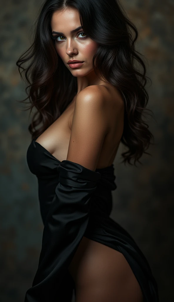 a sensual seductive woman, 1girl, beautiful detailed eyes, beautiful detailed lips, extremely detailed face and body, elegant, provocative pose, flowing dress, flowing hair, dramatic lighting, cinematic, chiaroscuro, moody, dark and mysterious, photorealistic, hyper detailed, 8k, masterpiece