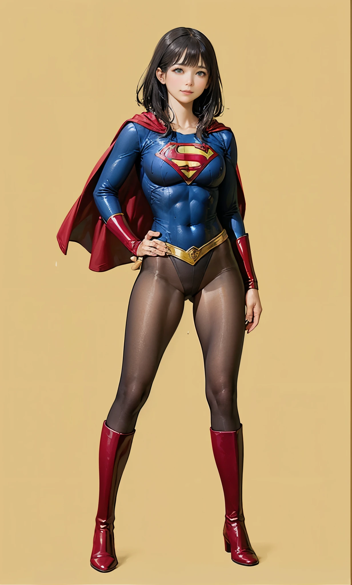 No background、(((Looking down、Looking down)))、(((Beautiful legs in black tights.)))、(((Legally express the beauty of your smile)))、((((Make the most of your original images)))、(((Supergirl Costume)))、(((Beautiful short bob hair)))、(((suffering)))、(((Please wear black tights....、Wear red boots)))、((Best image quality、8k))、((Highest quality、8k、masterpiece:1.3))、(((Preserve background )))、Sharp focus:1.2、Beautiful woman with perfect figure:1.4、Slim Abs:1.2、Wet body:1.5、Highly detailed face and skin texture、8k