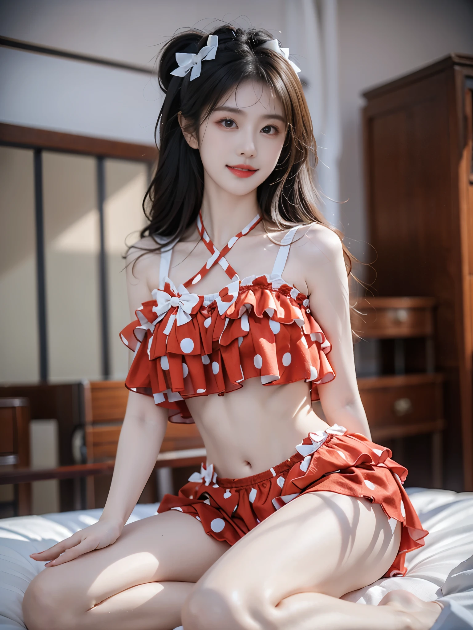 cute swimsuit, polka dot bikini, frills, bow, halterneck (best quality, masterpiece:1.2), tianfeng1, Extremely detailed, (Practical:1.37), beautiful, youth, Charming female model, sweet smile, Sweetheart girl, Warm colors, ((Full body view，Bend your knees naturally，Skin is firm and smooth)), ((in old fashioned room，Sitting on a low bed，lean back，Support the body with your elbows)), ((Elegant and natural gesture)), (big eyes, Exquisite eyes, Delicate lips, Exquisite eyes), Available in white and floral pattern, Show a bright smile, fit, Full breasts, ((Large Breasts)), Long legs, Create a stunning photo of a sleeping girl