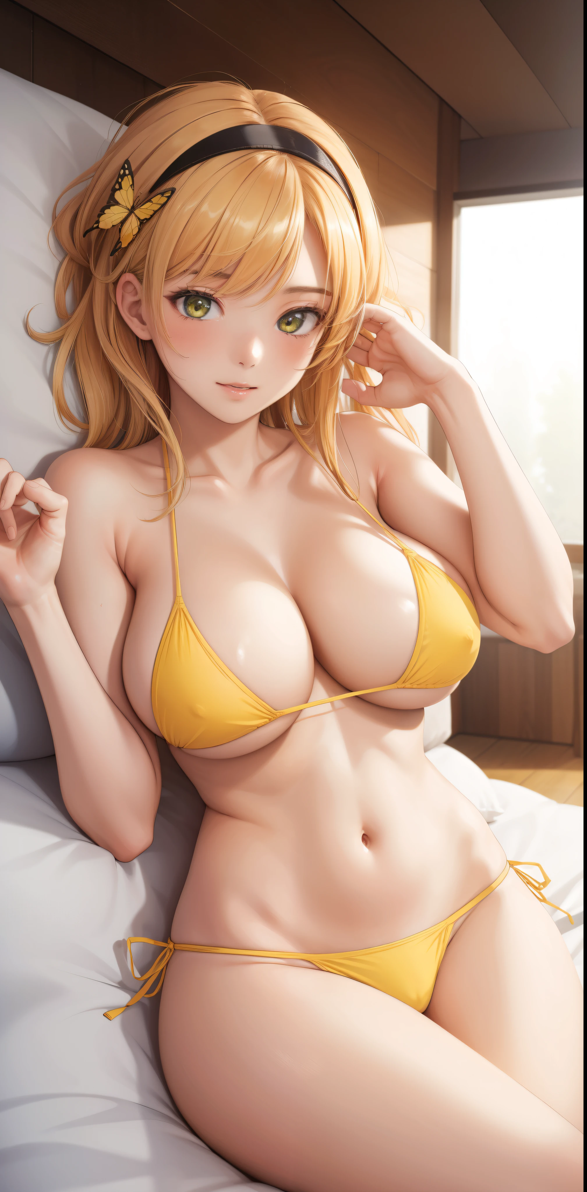 (masterpiece, best quality, high resolution: 1.4), 1girl, woman, butterfly star,headband, Big breasts, covering with hand, yellow bikini, micro bikini, topless, embarrassed,yoga in bed, ashamed,seductive poses