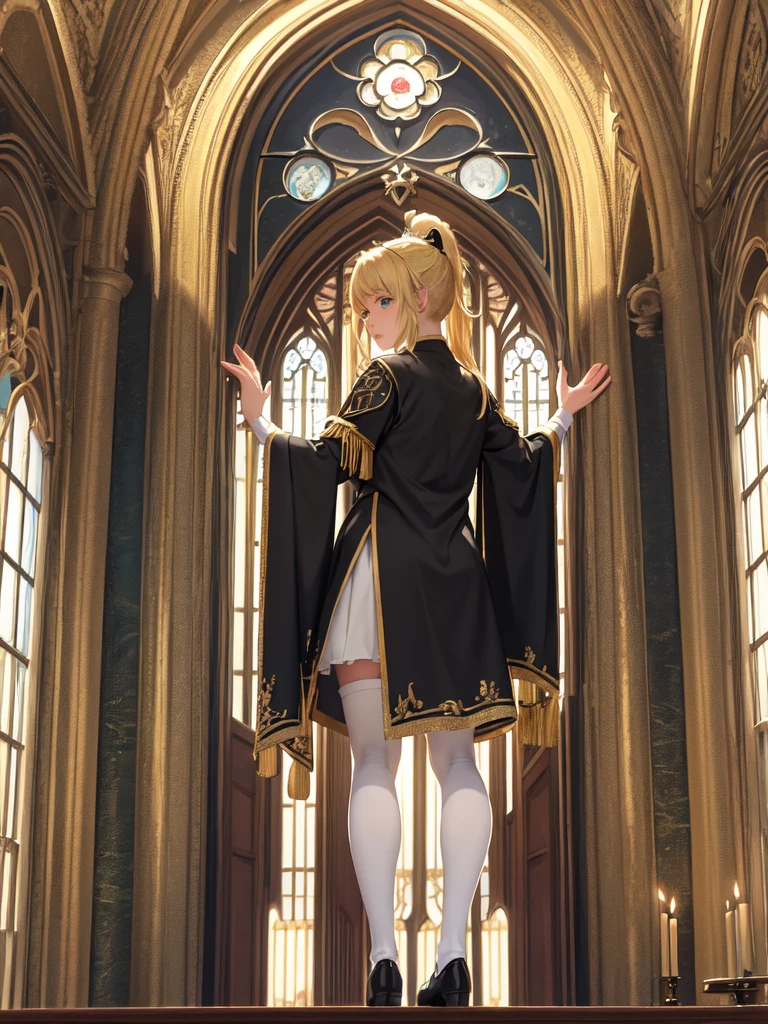 (Ultra extreme detailed),(Masterpiece),(Ultra extreme),(Realistic),CG,(color:1.2), Strong lighting,Light from behind,evaluation:Safety,A blonde person alone, 黒color,Blonde ponytail,Green Eyes,White shrite,short_Sister Costume、Princess、Tights Knee Socks、Vestments、church、Monastic uniform