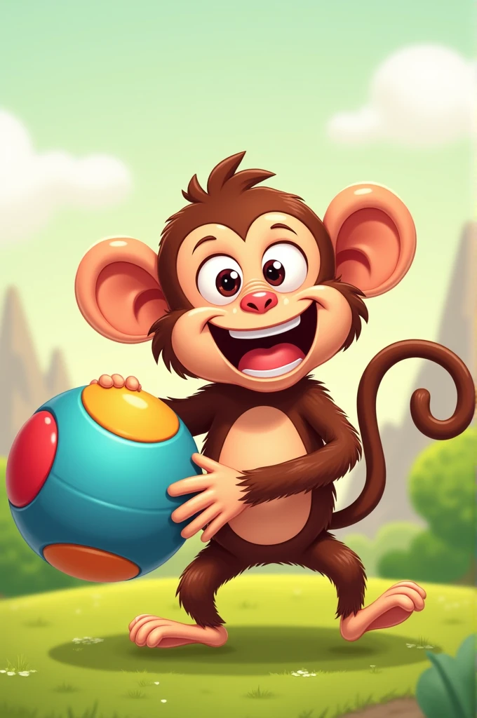 To draw a monkey holding a ball in a cartoon style