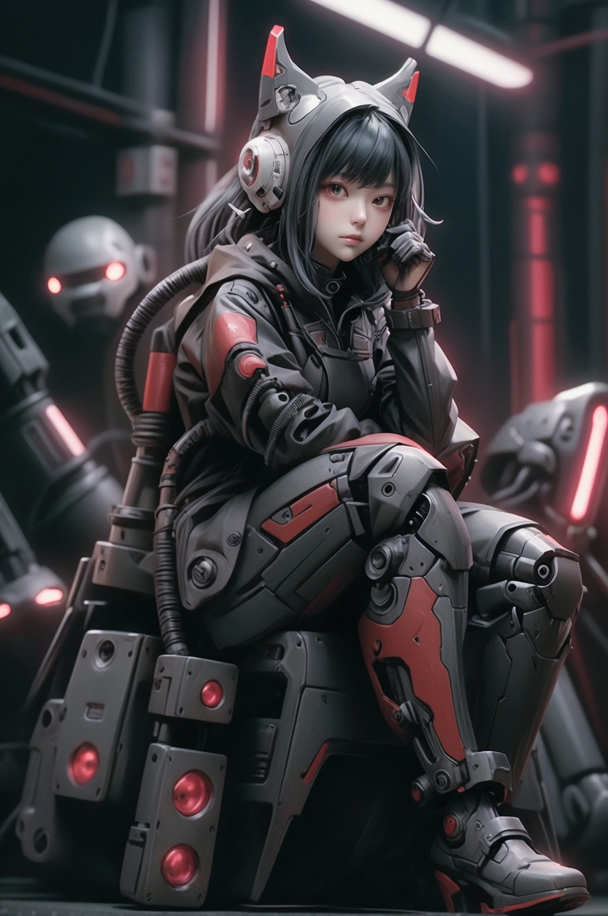 whole body、Sitting、Looking up pose、Full Face Helmets、Half Machine Body、Neck of the machine、Left arm of the machine、The machine's left leg、A large robot face in the background、Red Neon、Image in black and red shades、Contrast、Black clothes、Futuristic Suit、Large size raincoat、Platform boots、Realistic texture、Hair blowing in the wind、Backlight、