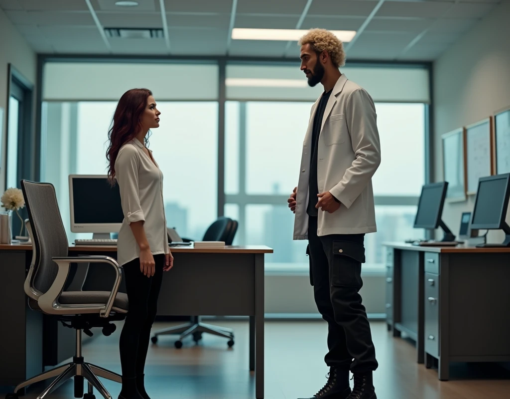 216cm tall attractive man, short platinum blond wavy swept-back hair, dark skin, long black stubble, Arabic-Egyptian features, white lab coat over a black t-shirt, black cargo pants and black boots, standing behind office desk gesturing to take a seat to a very short young woman half his height 170cm tall vibrant maroon side-parted medium-length wavy hair, very pale skin, white silk work blouse, low-rise black pants and black boots. Photorealistic, cinematic.