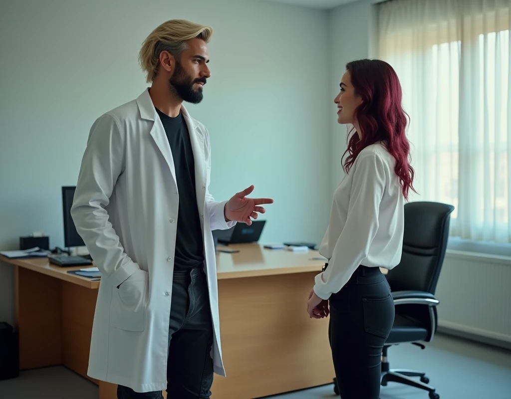 216cm tall attractive man, short platinum blond wavy swept-back hair, dark skin, long black stubble, Arabic-Egyptian features, white lab coat over a black t-shirt, black cargo pants and black boots, standing behind office desk gesturing to take a seat to a very short young woman half his height 170cm tall vibrant maroon side-parted medium-length wavy hair, very pale skin, white silk work blouse, low-rise black pants and black boots. Photorealistic, cinematic.