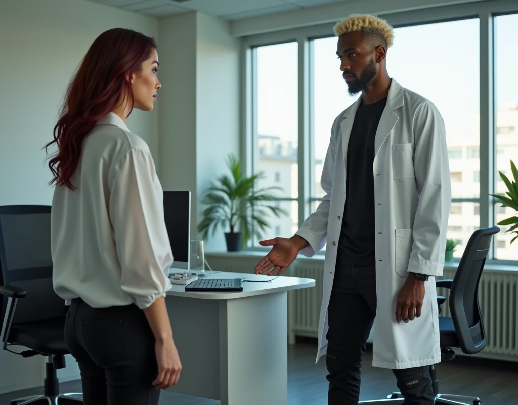 216cm tall attractive man, short platinum blond wavy swept-back hair, dark skin, long black stubble, Arabic-Egyptian features, white lab coat over a black t-shirt, black cargo pants and black boots, standing behind office desk gesturing to take a seat to a very short young woman half his height 170cm tall vibrant maroon side-parted medium-length wavy hair, very pale skin, white silk work blouse, low-rise black pants and black boots. Photorealistic, cinematic.