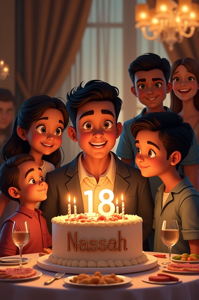 mark for me birthday cake on it written nassah and on it written 18 celebrating with his dad and mom and his 3 brothers in fancy hotel