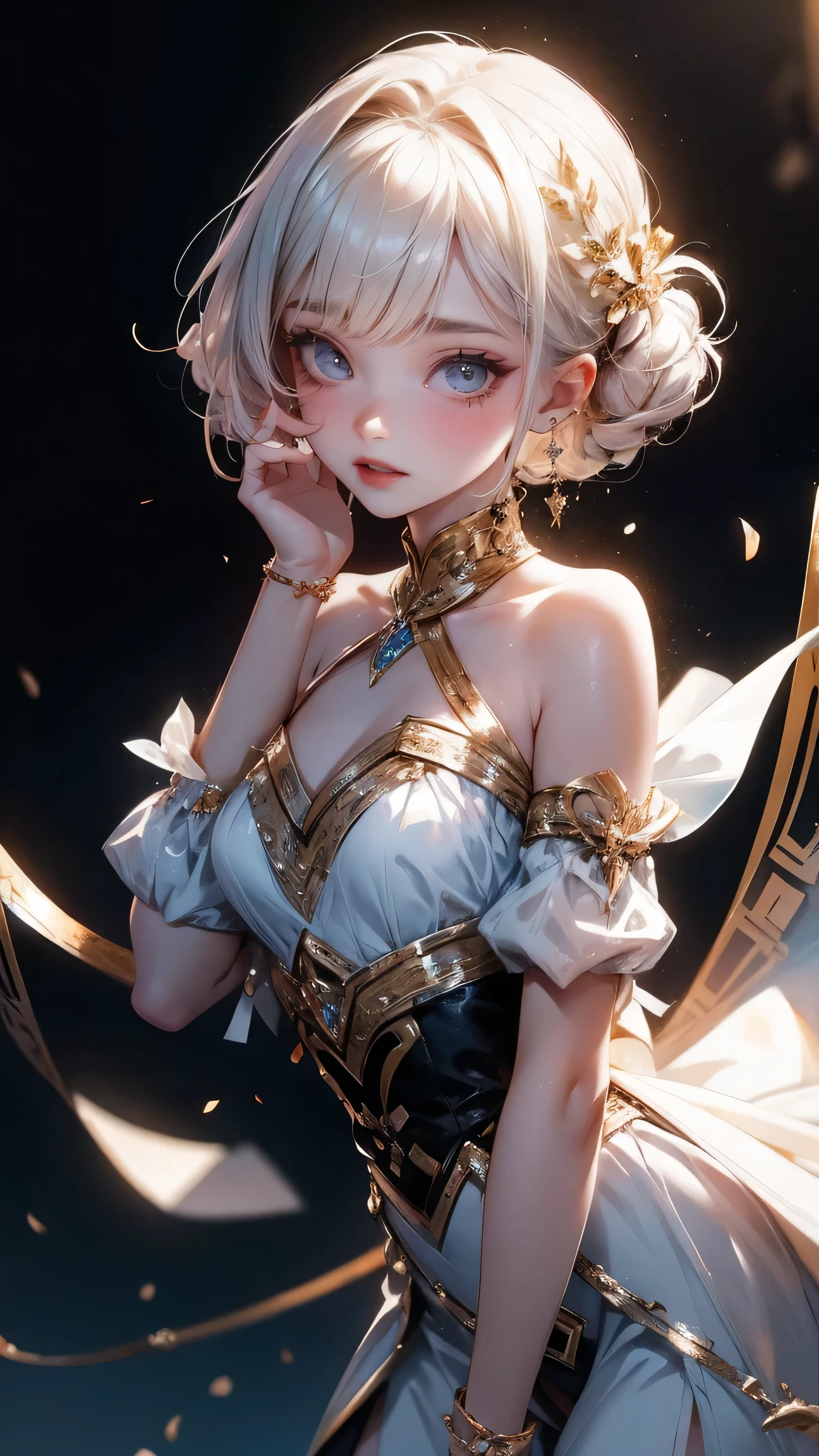 Cute girl, Cowboy shooting,Delicate face, shoot down, Thick acrylic resin, illustration on pixiv, By Kavasi, John Singer, Sargent, masterpiece, Upper Body, king, one, boys, Two hands, White eyes, White short hair,, pale White skin, Pretty Face, Holy Light, White, shirt, Rich details, high quality, scum,, degenerate,8K, Very detailed, Latest pixiv, illustration, Dynamic poses, Dynamic Angle,, Gorgeous light and shadow, transparency,, Detail decoration, Detailed trajectory, mystery,, fantasy, magic, shining,