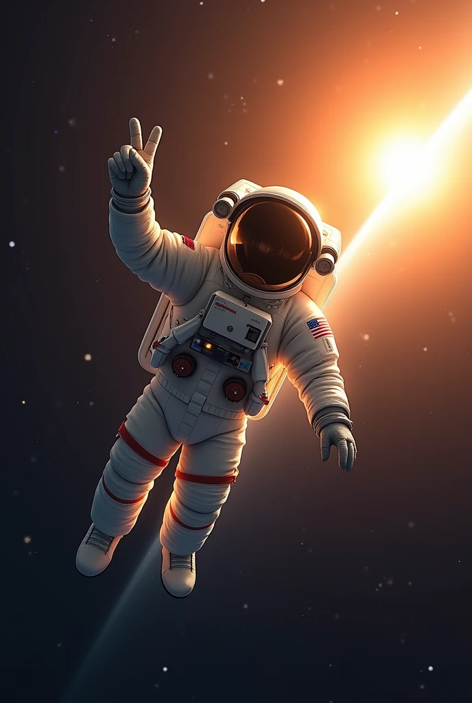 The astronaut flies in space, They are illuminated by the rays of the sun, He shows the V sign with the fingers of his right hand, chevron on suit flag of Russia