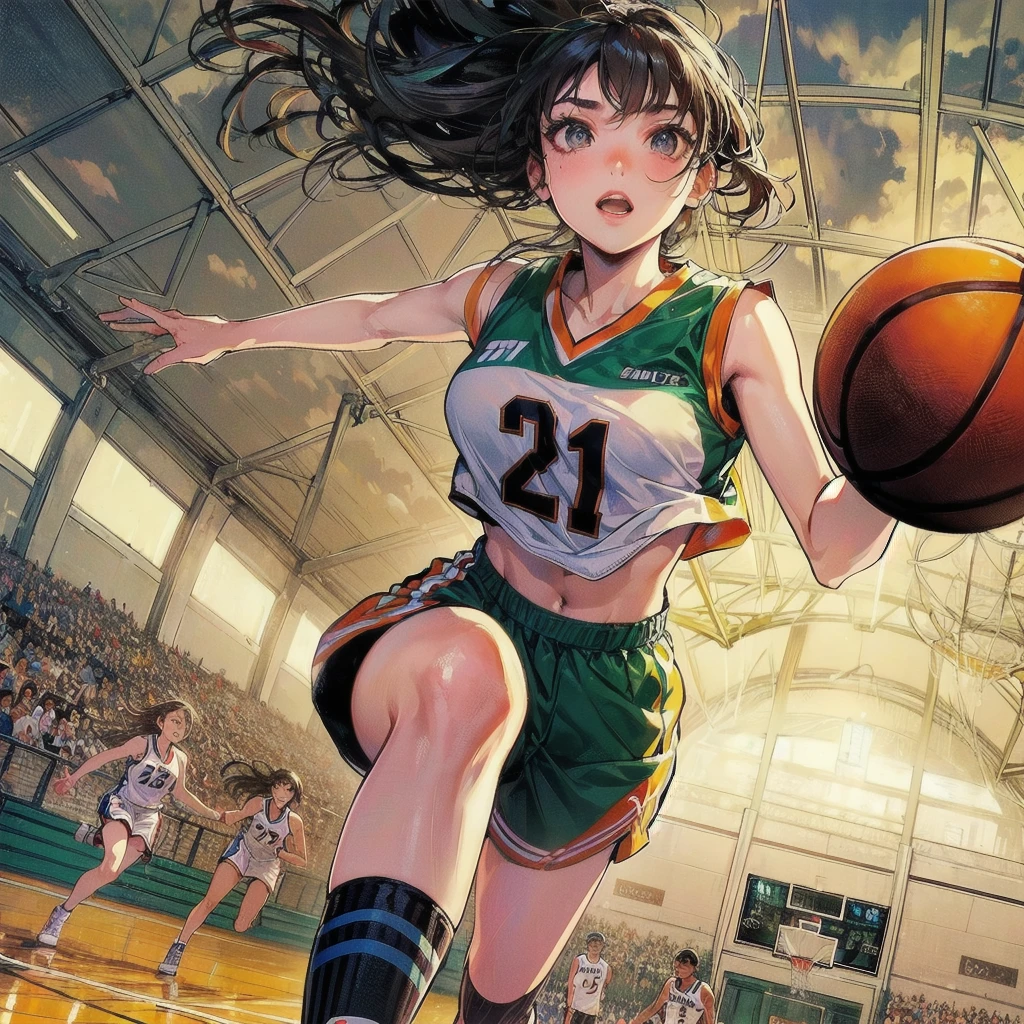 masterpiece, (textured skin), best quality, gorgeous beautiful girl, (a female basketball athlete), detailed clothes,large breasts,narrow waist,, (beautiful face), cinematic lighting, (at basketball venue ),