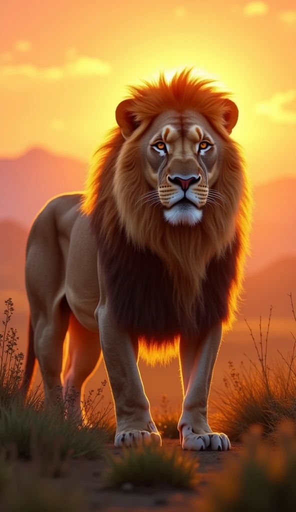 Create a Lion in high resolution 8k super realistic, When the sun rises