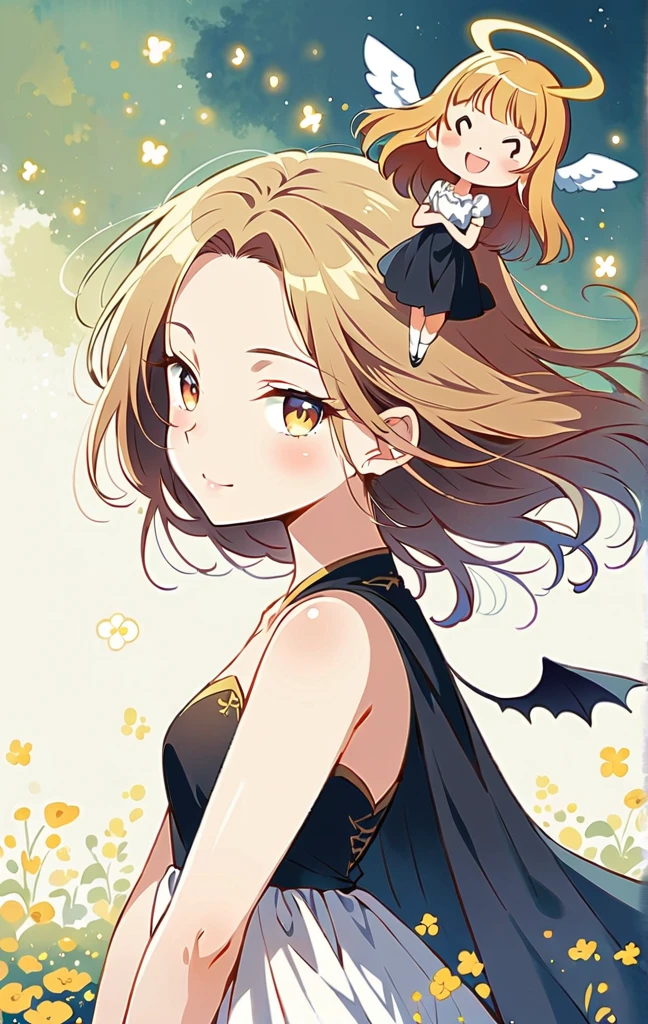 Please generate an anime-style illustration of an angel and a devil divided vertically into two. On the left is a cute angel girl. The angel girl is wearing a white dress. Big white wings grow from the back of the angel girl. Angel girl is smiling. A golden angel ring floats above the angel girl's head. On the right is a beautiful demon girl. The devil girl is wearing a black dress. The devil girl has two horns on her head. A black devil ring is floating above the devil girl's head. The devil girl has a devil's tail. Large black wings grow from the back of the demon girl. The devil girl is cute and angry. Please make it look like the key visual of the anime.