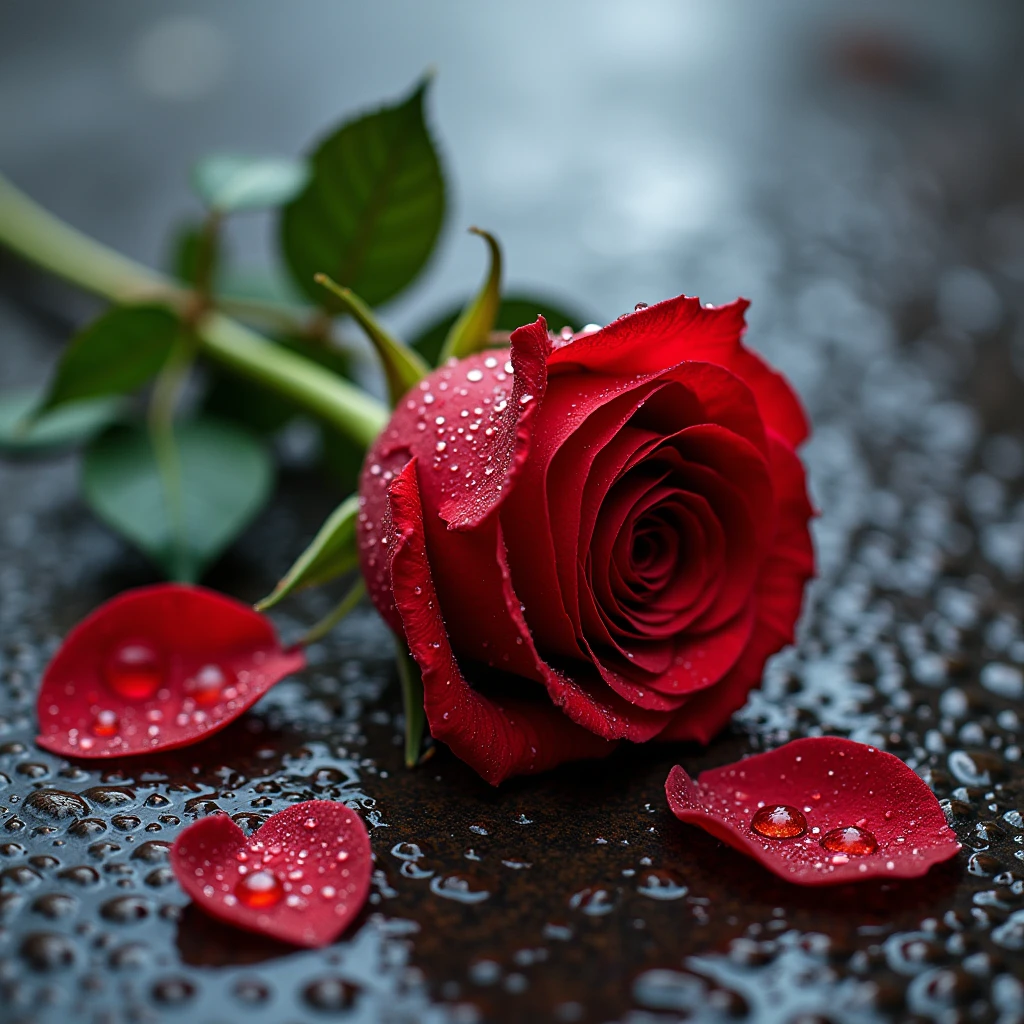 a green stem of a bright red rose lies on the street, covered in beautiful water droplets, 8k, hdr