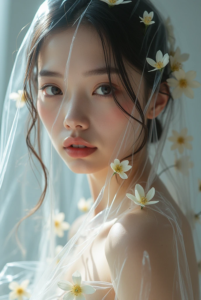 Professional model fair skin posing in a fashion photoshoot、This is a super realistic photo. She is completely wrapped in a transparent film, Under the film there are many flowers covering the skin. The shot is a mid-body shot.
