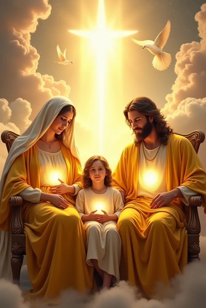 (photorealism:1.2), beautiful virgin Mary, handsome Jesus Christ and handsome teen Jesus,ting in the throne each of them in the kingdom of god that full of clouds, the light of their crowns and hearts spreading all over, wearing the yellow color of a king, queen and prince, the crown of lights, real beautiful faces, real nice hair, real face, real image, heaven outdoors that full of clouds, brighter lighting, five fingers, clouds and many doves in the background, elegant clothes, stars and sunlight, beautiful heaven of paradise, relaxed pose, realistic, intricate details, bright and warm colors,