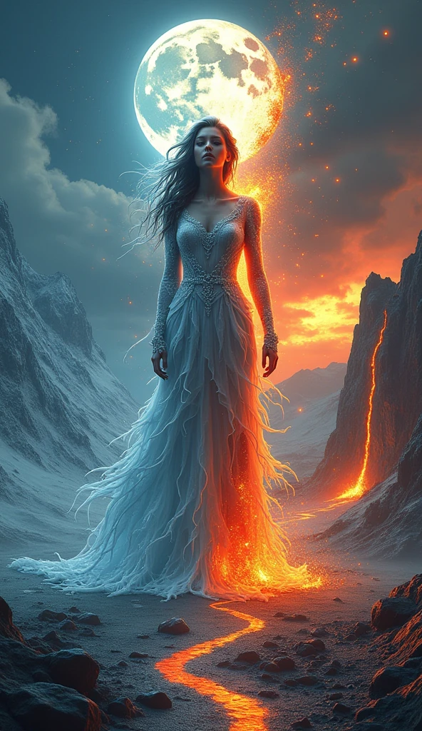 a woman, whose right side is made of ice and snow and the left side of fire and lava, stands on a landscape that corresponds to the halves of her body, with mountains, and volcanoes, a full moon in the sky --Chaos 100