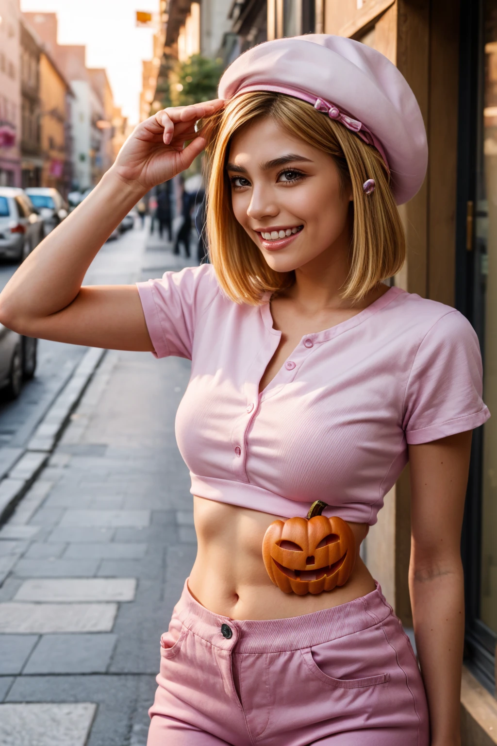 (1 right woman), (Top Quality at its finest: 1.4), (Ultra-detailed), (extremely detailed CG unified 16k), a beautiful woman with perfect figure: 1.4, sharp focus: 1.2, Very detailed, High definition RAW color photography, Professional photo session, Amazing face and eyes, Cosmetic products, (incredibly beautiful girl), ((Lambdadelta)), ((pink twill pants, WHITE shirt, pink hat, small pumpkin steel button located in the center part of the hat, bare abdomen)), standing, sexy posture，(Stylish cityscape, day light), (look from below), realistic cinematic face, From head to toe, full body long view, photorealistic, ((realistic natural golden blonde hair style, Red eyes, short hair)), gorgeous, extremely beautiful face, perfect model beauty, amazingly beautiful smile, her smile is emotive and full of joy, her teeth are visible, Very detailed face and skin texture, detailed eyes, double eyelids, small breasts, smile, western film, (masterpiece), Best Quality, High resolution, extremely detailed, blurred background, depth of field, cinematic lighting, amazing legs, High heels, clear and well-groomed skin, athletic, (big proportions body, a bit fat), looking at the viewer,