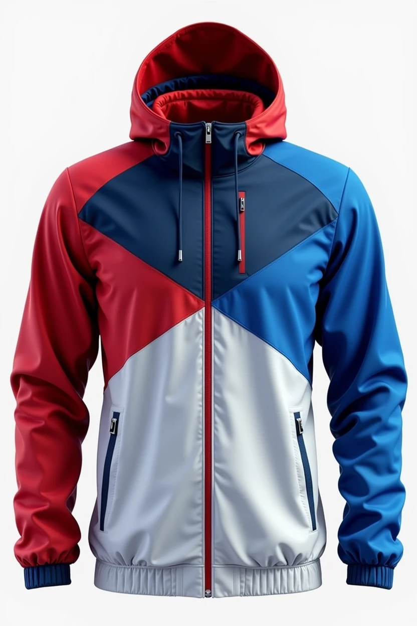 It seems like you are describing a custom design for a sport windbreaker with specific color blocking instructions. Here is a breakdown of the color layout based on your description:
Upper chest area on the right side all the way to the right hand: Dark blue Mirror line from the upper chest on the left side by the breast all the way to the left hand: Red
From the breast up until the hip, passing by the hip: White
Hood: Split design with red on the right side and blue on the left side
This design would feature a unique color combination that could make the windbreaker stand out. If you are looking to create a custom windbreaker with these specifications, you may need to find a manufacturer or designer who can bring your vision to life.