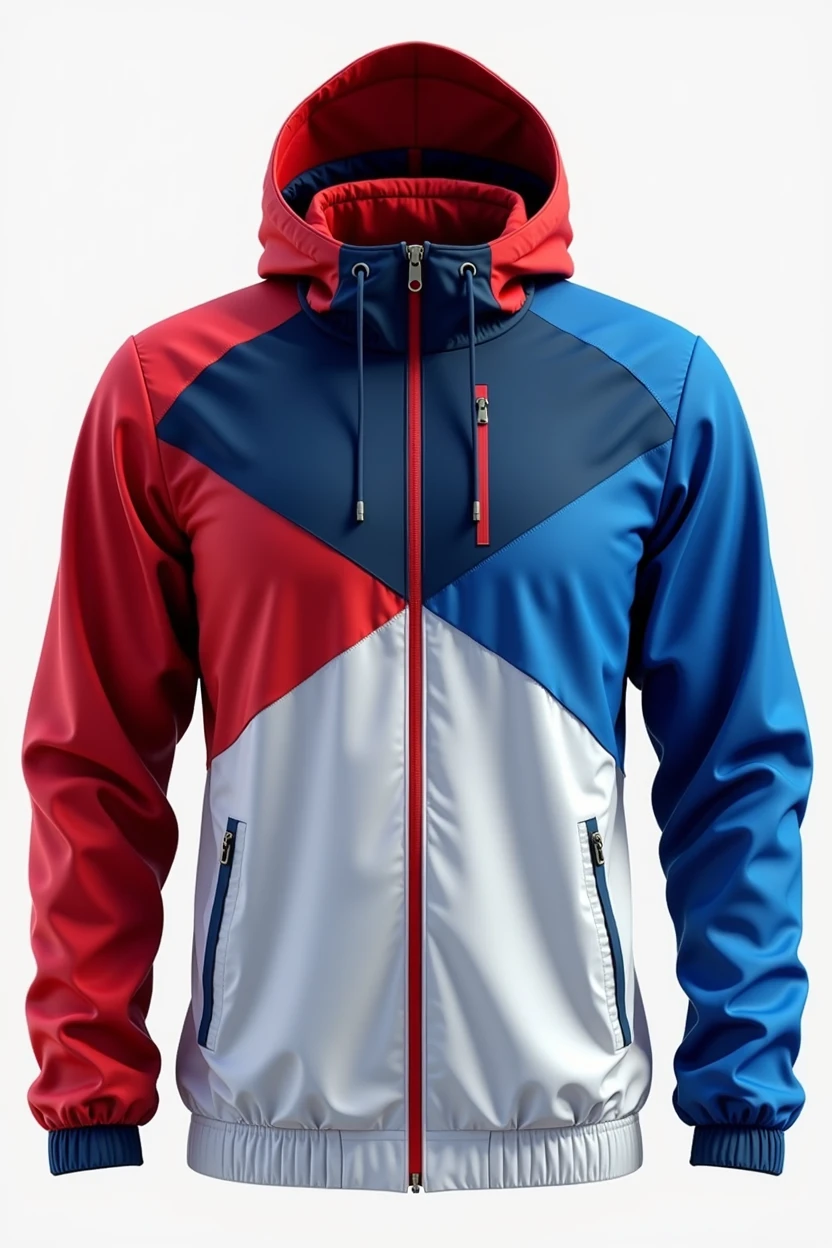 It seems like you are describing a custom design for a sport windbreaker with specific color blocking instructions. Here is a breakdown of the color layout based on your description:


Upper chest area on the right side all the way to the right hand: Dark blue Mirror line from the upper chest on the left side by the breast all the way to the left hand: Red

From the breast up until the hip, passing by the hip: White

Hood: Split design with red on the right side and blue on the left side

This design would feature a unique color combination that could make the windbreaker stand out. If you are looking to create a custom windbreaker with these specifications, you may need to find a manufacturer or designer who can bring your vision to life.